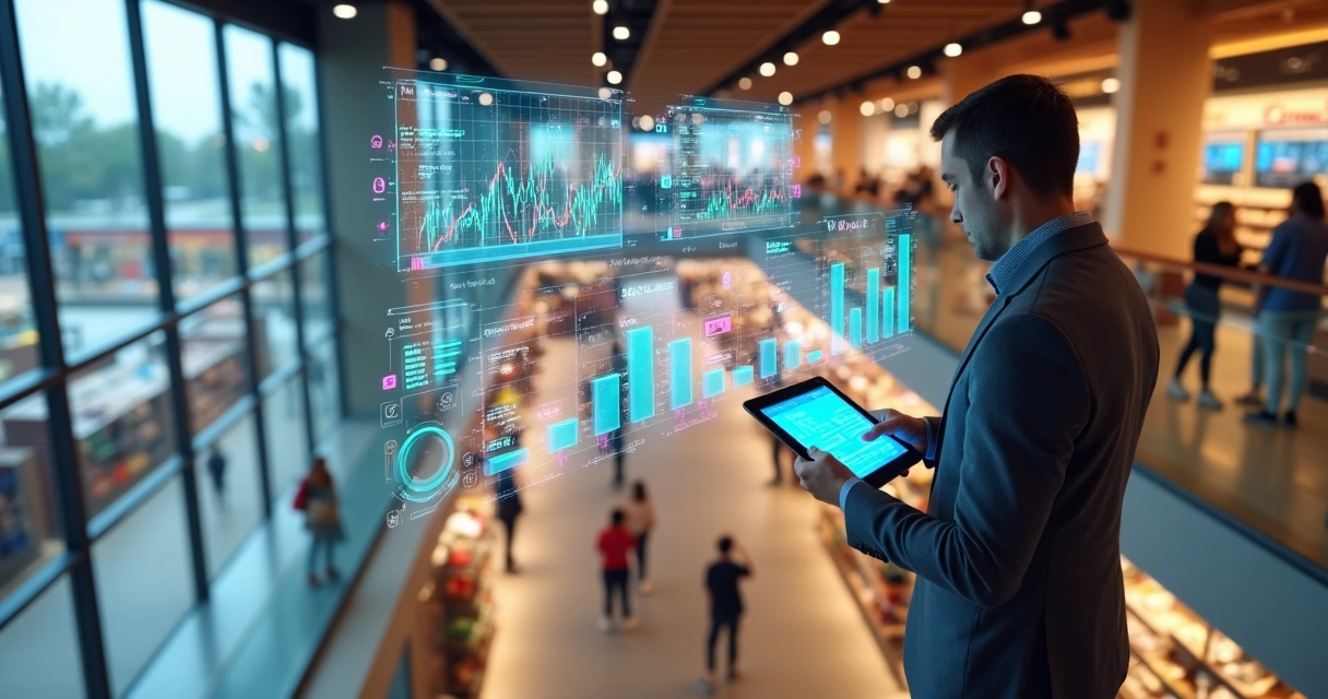 Analista observa painel de dados comportamentais em loja lotada