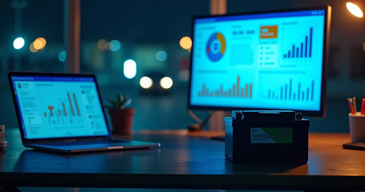 Bateria automotiva em destaque ao lado de notebook com painel de anúncios digitais