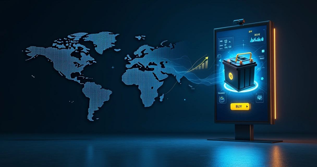 Painel vertical com bateria automotiva à frente e gráficos digitais de vendas ao fundo