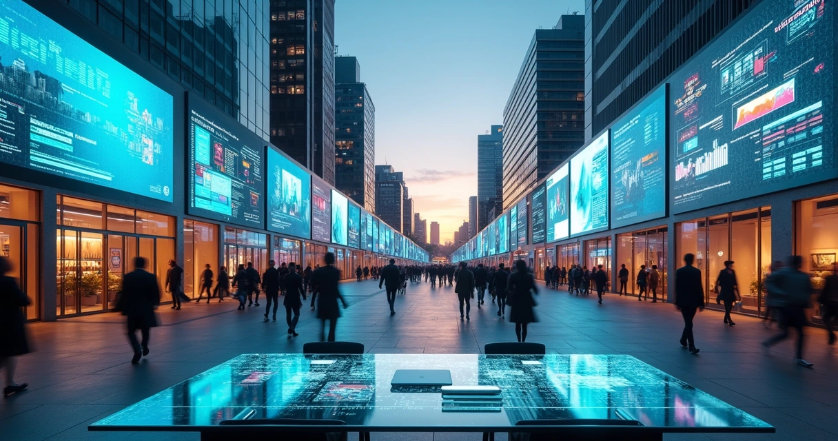 Painéis digitais em cidade futurista exibindo anúncios personalizados baseados em dados
