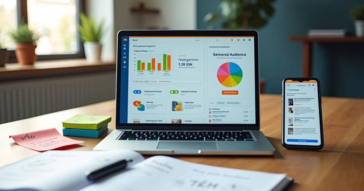 Mesa de trabalho com laptop exibindo dashboard de e-mail marketing e smartphone ao lado