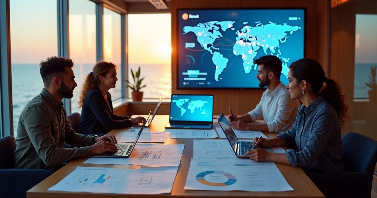Empreendedores na Bahia analisando projeto de site em mesa de reunião moderna