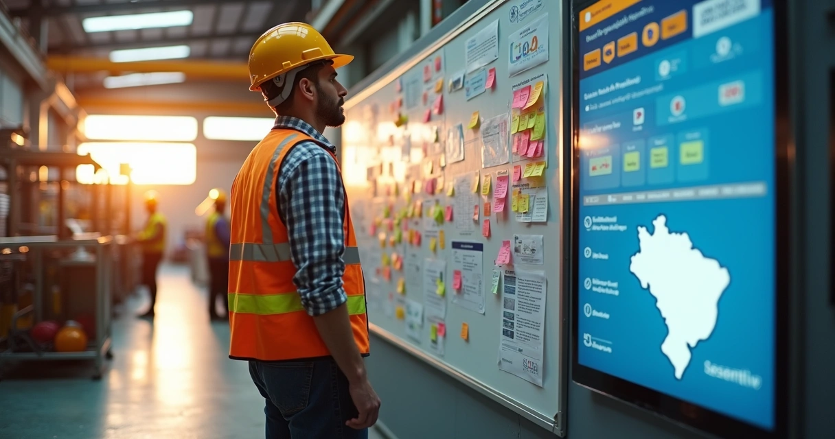 Gestor em chão de fábrica industrial observando parede com mural de ideias e gráficos de conteúdo digital