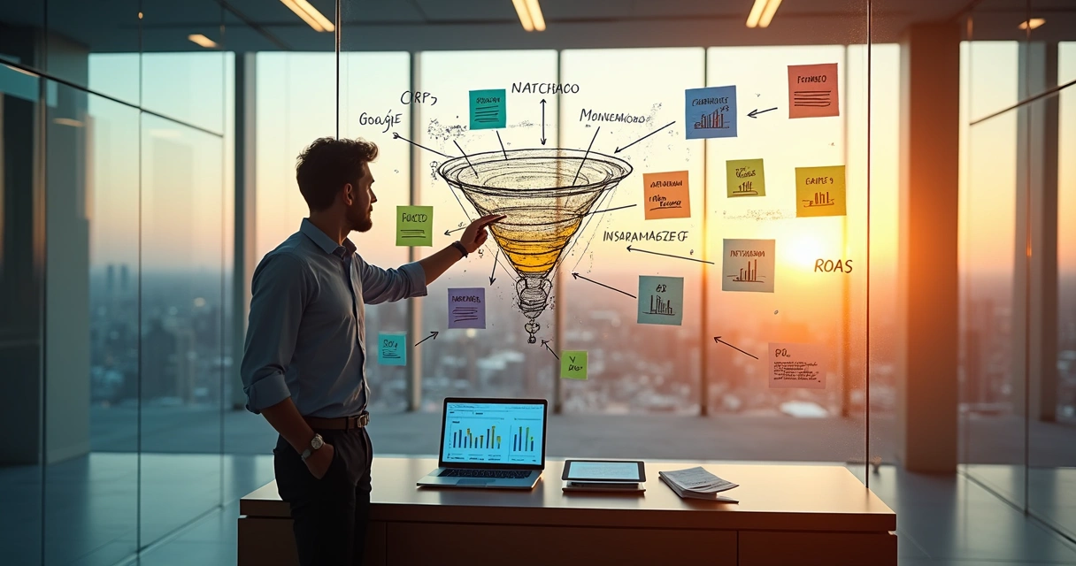 Profissional montando funil de tráfego pago em parede de vidro com gráficos e anúncios digitais