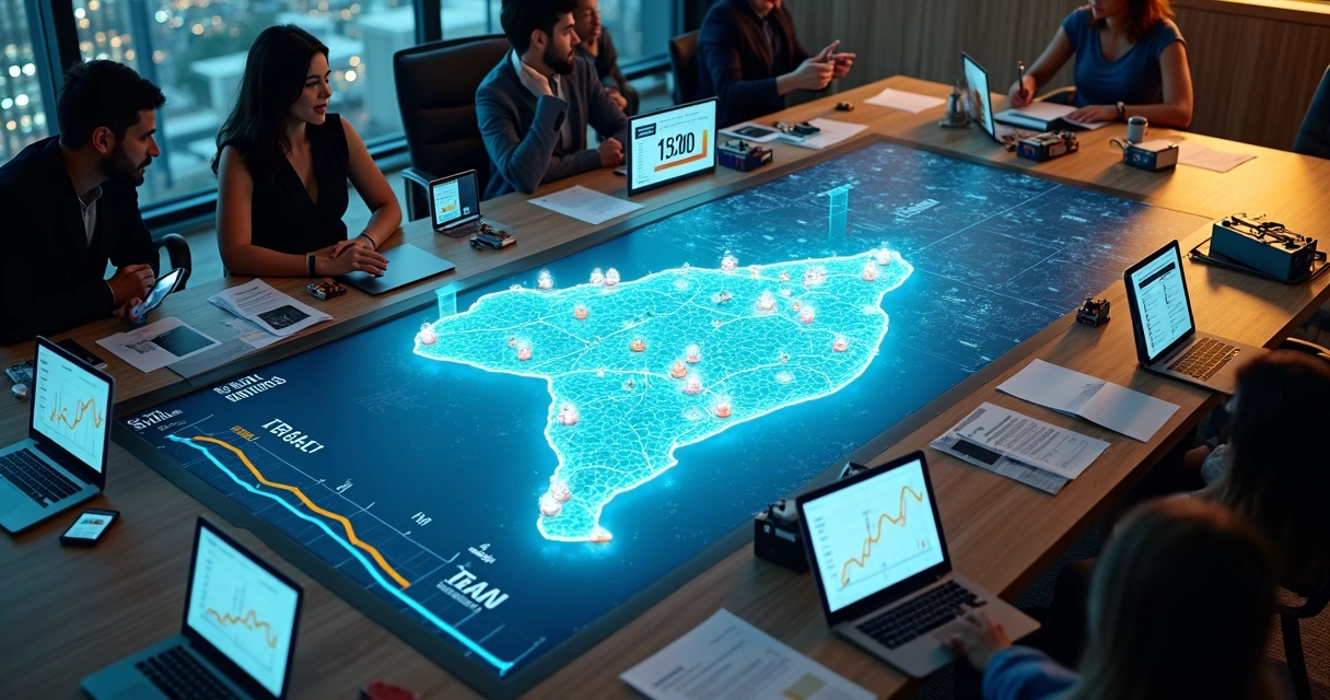 Mesa de reunião com mapa do Brasil, baterias automotivas e painéis digitais de marketing de performance