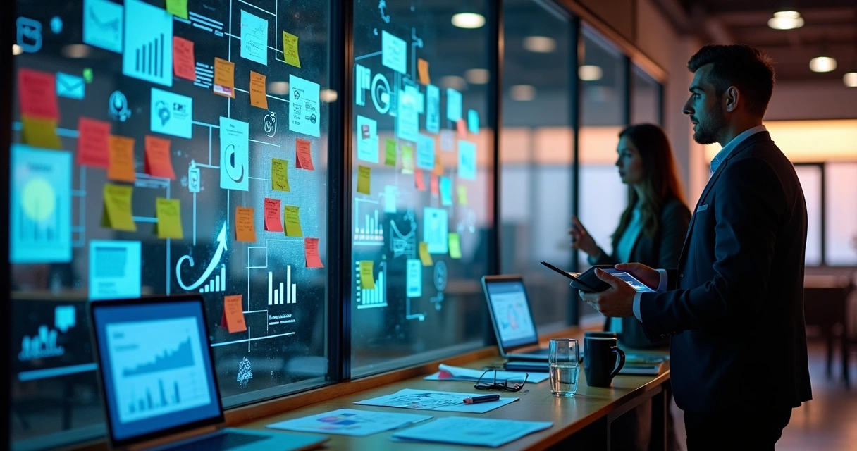 Quadro de vidro com mapa visual de campanha de publicidade e propaganda multicanais