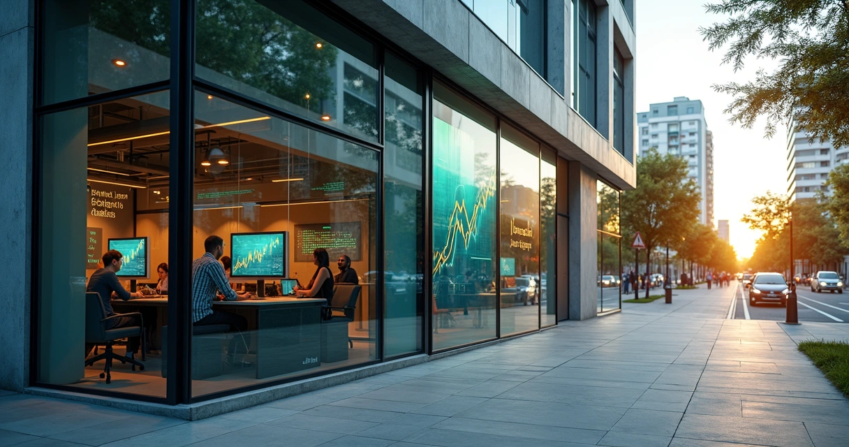 Fachada moderna de agência de marketing digital em Jundiaí com gráficos de resultados em painel externo