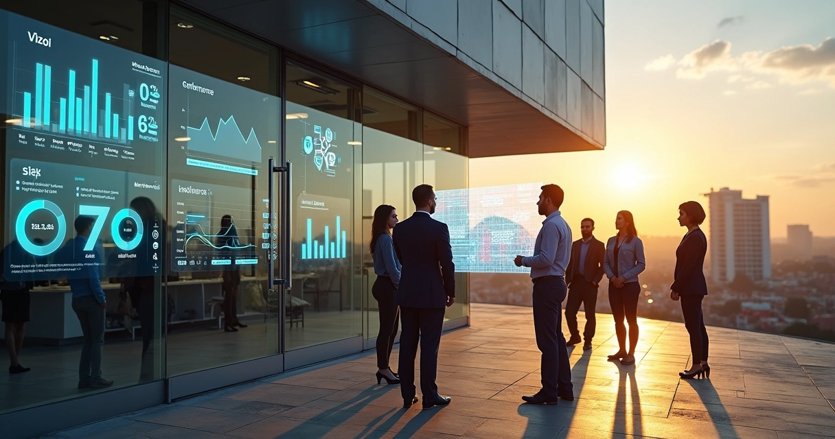 Fachada de agência de marketing em Jundiaí com painel digital de dados de campanhas