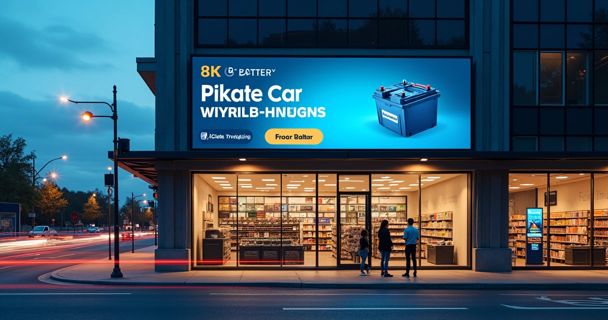 Fachada de loja de baterias com painel digital exibindo anúncio online