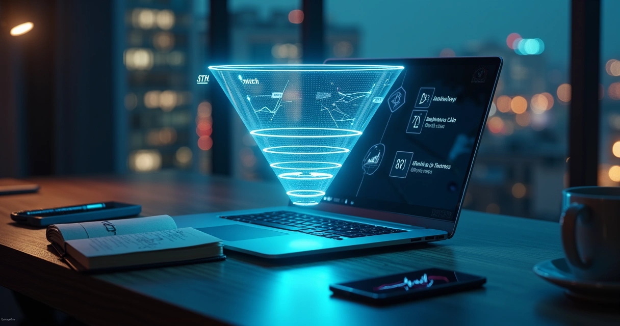 Funil de vendas digital com métricas destacadas em tela holográfica