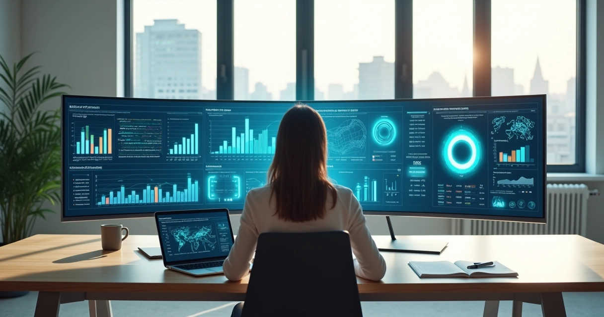 Gestora em mesa ampla analisando gráficos de dados em telas digitais