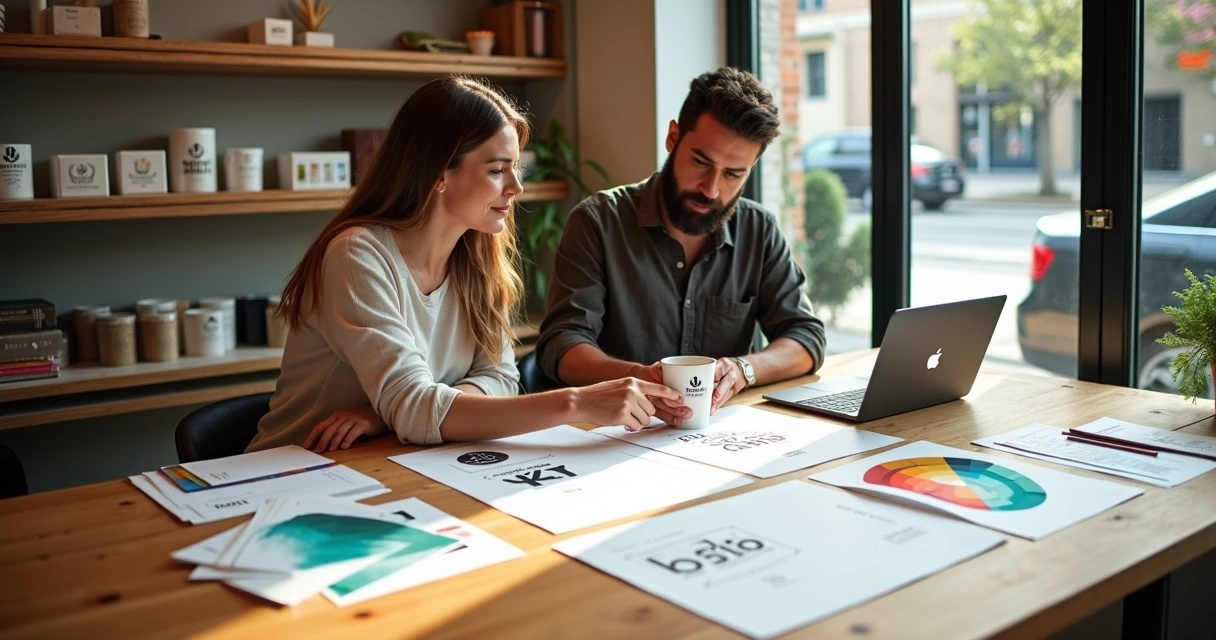Mestra de branding organizando materiais de identidade visual de pequena empresa sobre mesa de madeira