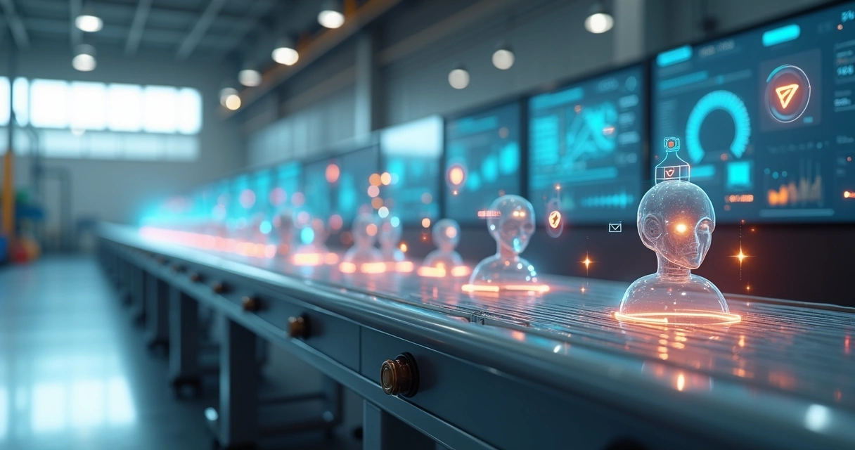 Linha de produção automatizada transformando ícones de leads em clientes