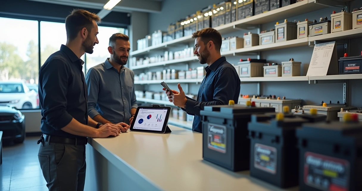 Atendente em loja de baterias explicando opções ao cliente em balcão organizado