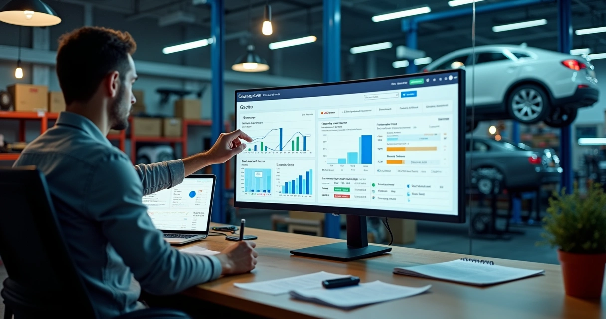 Mecânico em oficina moderna acompanhando painel de Google Ads com peças automotivas