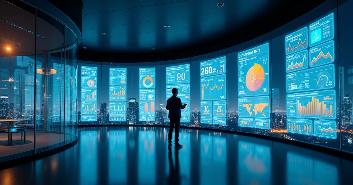 Gestor observando grande parede de painéis digitais com KPIs de marketing em destaque