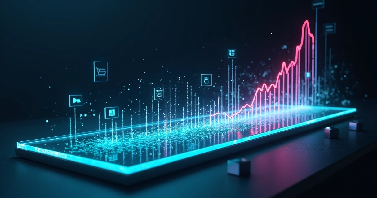 Conceito visual de pixel de conversão com painel digital colorido e ícones de cliques e compras
