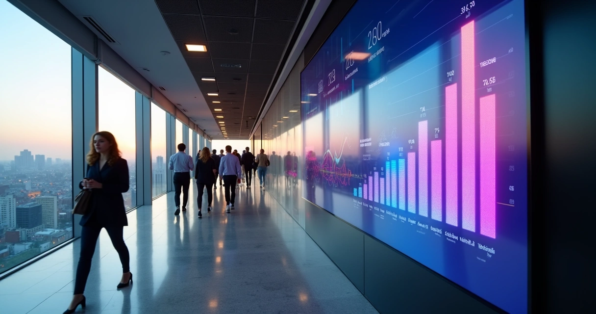 Corredor corporativo em São Paulo com painel digital exibindo ranking de agências 2026