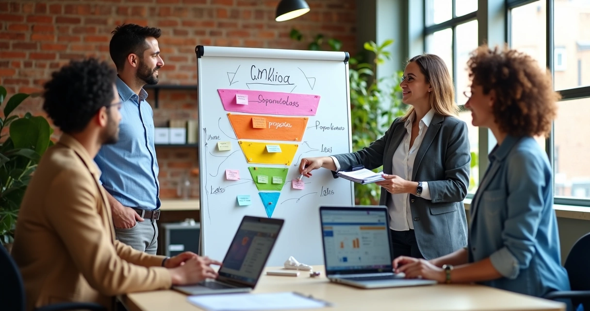 Equipe de pequena empresa em pé em volta de quadro com funil de vendas desenhado
