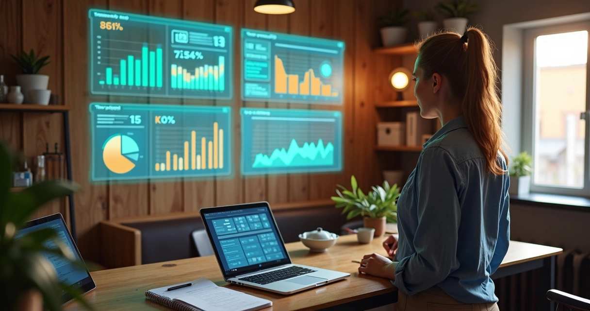 Dona de pequena empresa organizando operações data driven com dashboards digitais