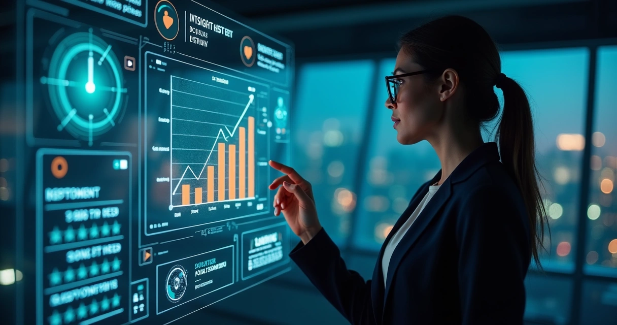 Empresária analisando logo e dados de marca em painel digital holográfico
