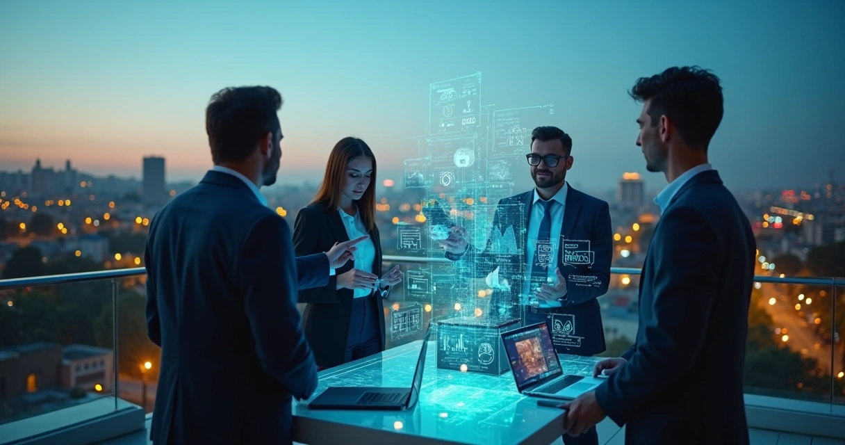 Equipe de marketing em varanda de prédio no interior usando telas digitais ao anoitecer