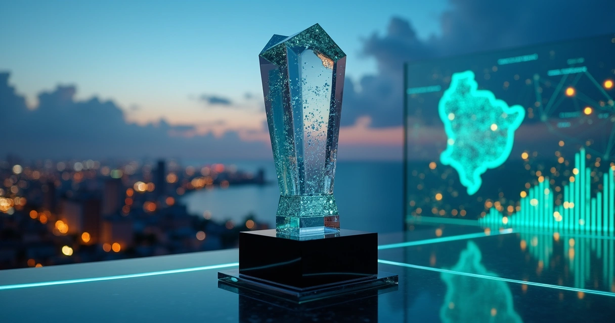 Troféu de marketing em destaque com mapa da Bahia iluminado ao fundo
