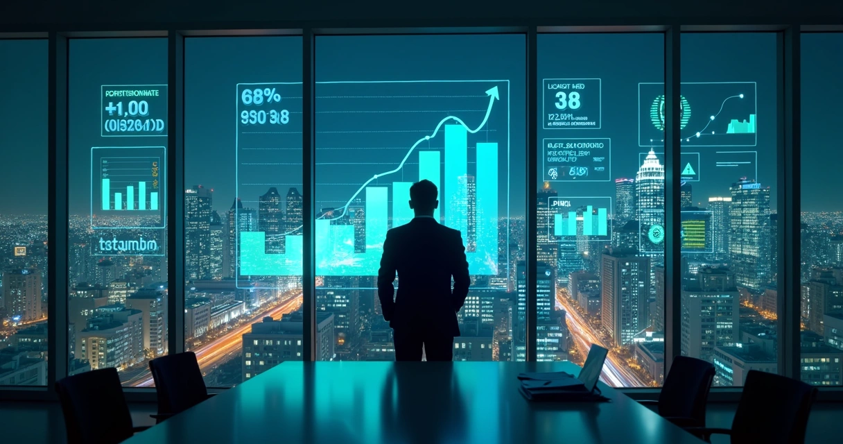 Profissional analisa ROI de marketing em gráficos projetados no cenário urbano noturno