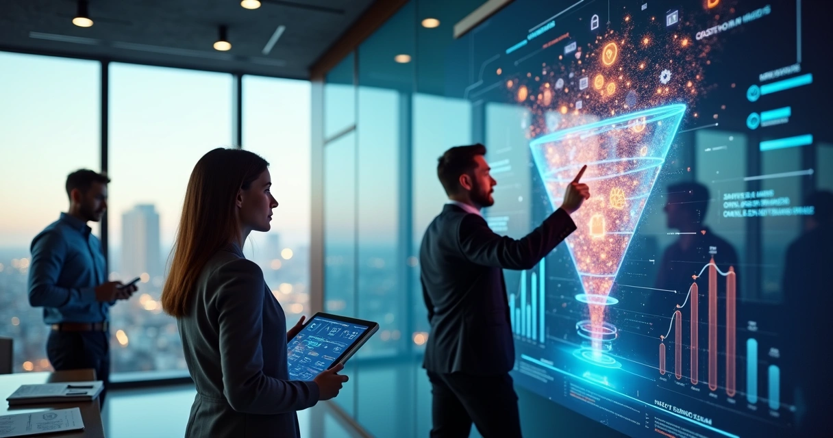 Equipe diversa de marketing reunida em sala moderna em frente a grande painel com funil de vendas digital