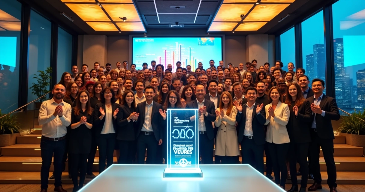 Equipe diversa de marketing reunida em auditório moderno comemorando premiação em ranking