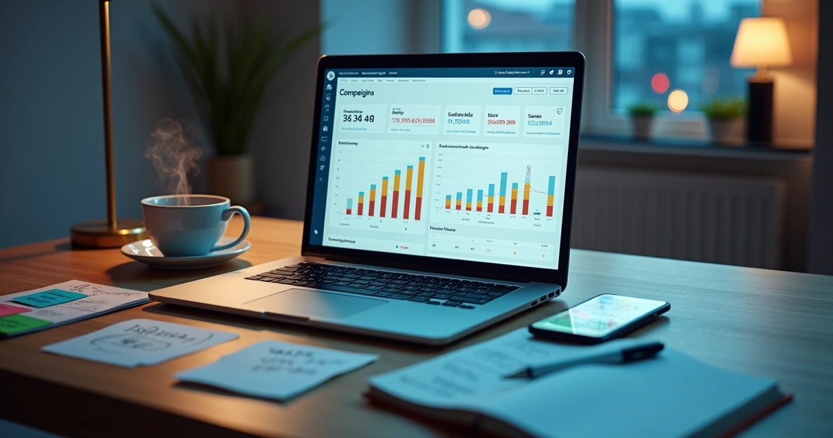 Mesa com notebook e smartphone exibindo painel de anúncios pagos