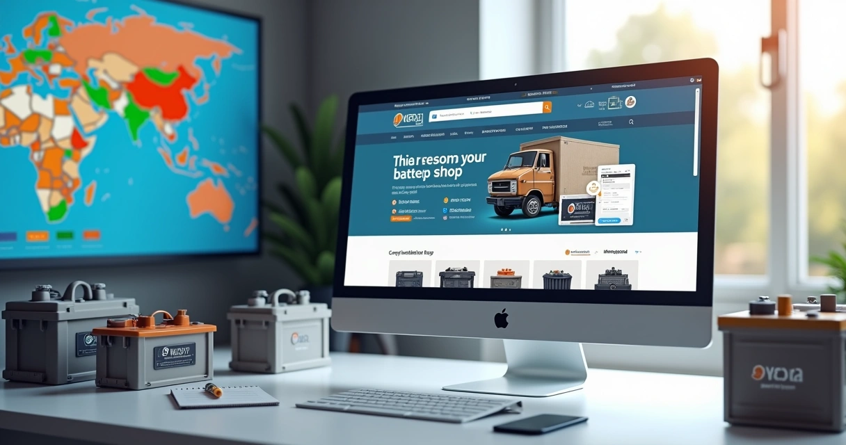 Monitor grande mostrando site profissional de loja de baterias ao lado de painel com mapa e dados digitais