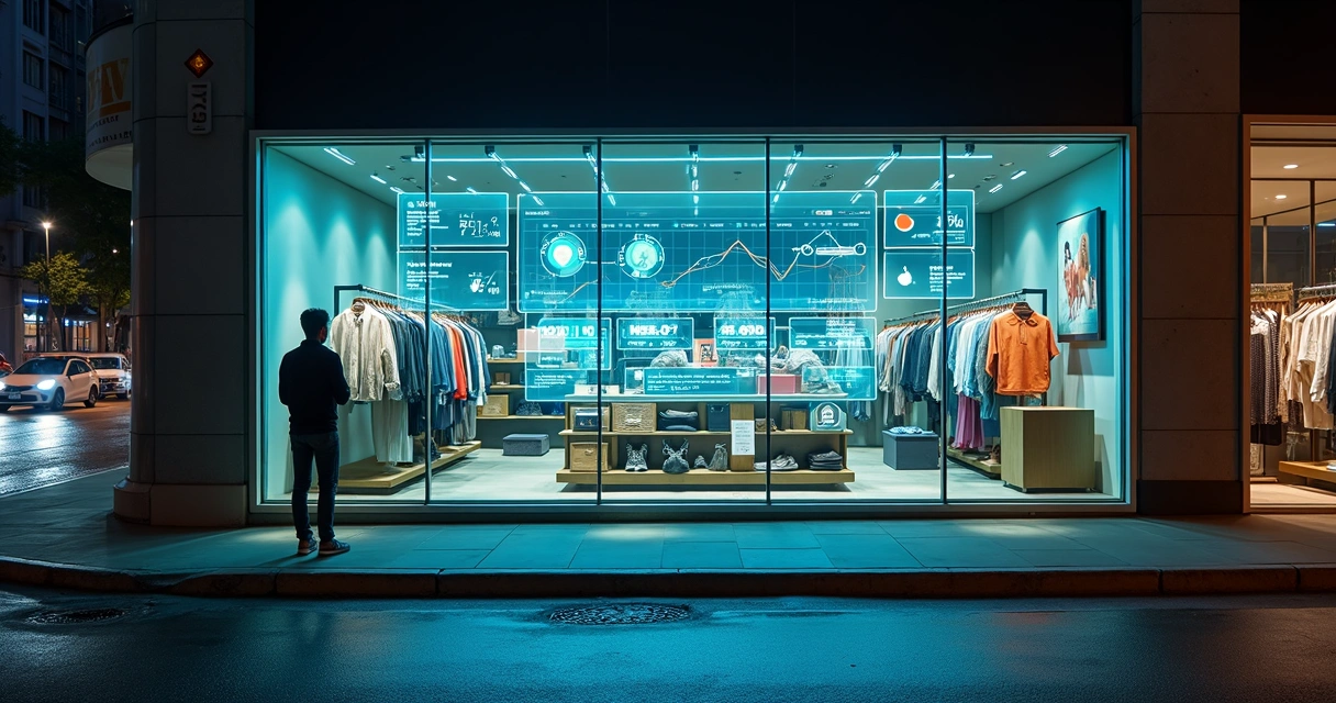 Vitrine de loja física integrada com painel digital de e-commerce e dados de vendas